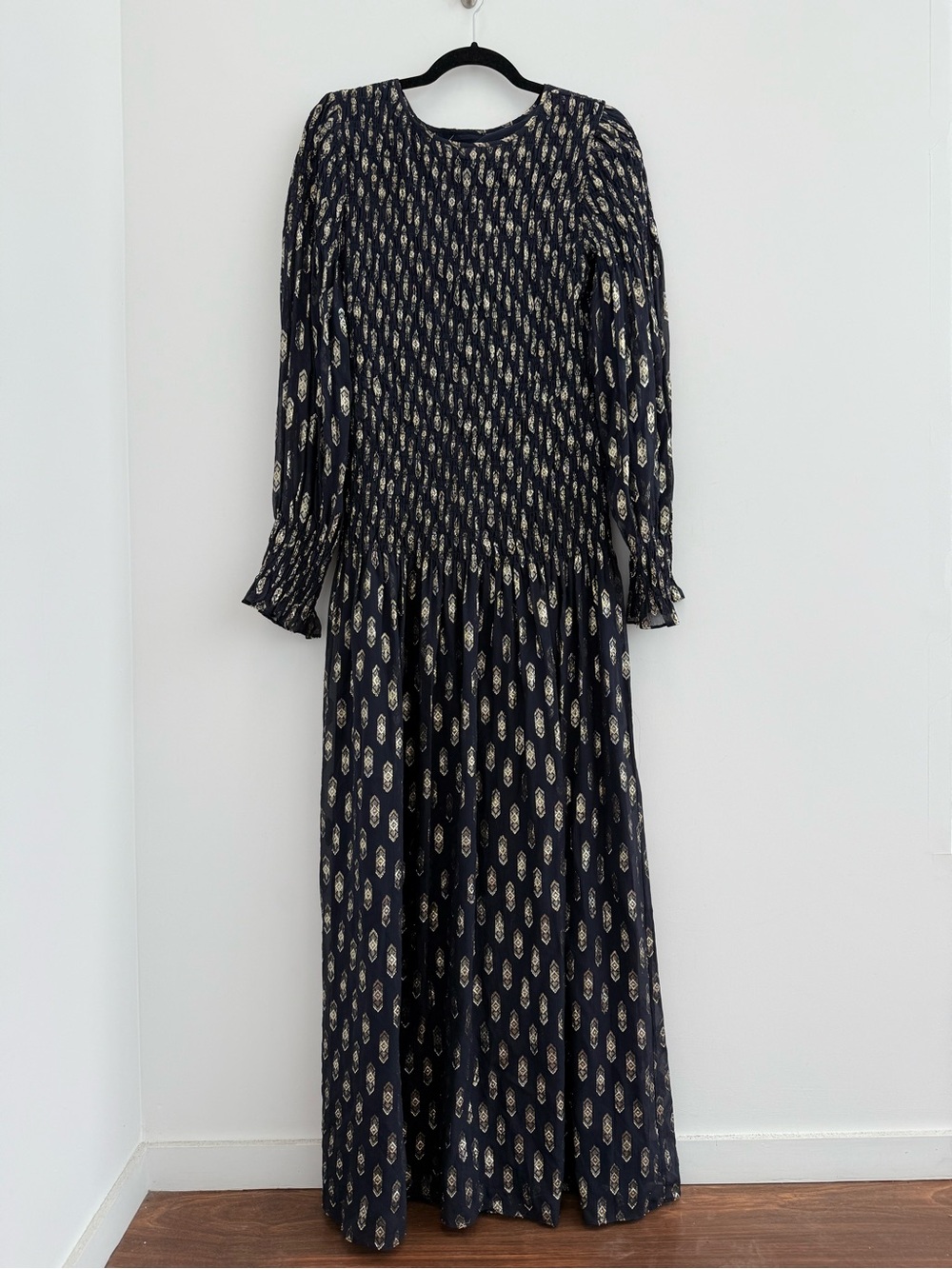 LoveShackFancy Navy and Gold Maxi Dress